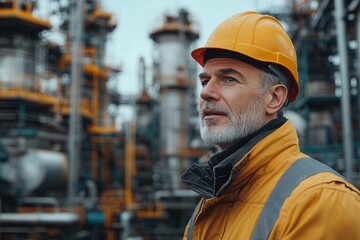 Experienced worker in safety gear observes industrial facility operations during cloudy day