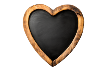 Heart-shaped wooden chalkboard with a rustic finish, isolated on a white transparent background, ideal for decoration or messages on Valentine Day