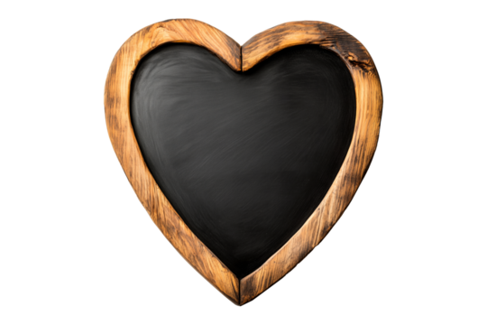 Heart-shaped wooden chalkboard with a rustic finish, isolated on a white transparent background, ideal for decoration or messages on Valentine Day