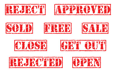 Grunge rubber stamp icon set for element design. Reject, rejected, close, open, approved, sale, sold, free, get out. Vector illustrator saved in EPS 10 and fully editable
