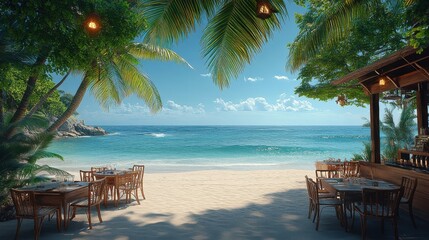 [Outdoor Dining beachside views] Tropical Beachside Retreat with Palm Trees and Thatched Huts
