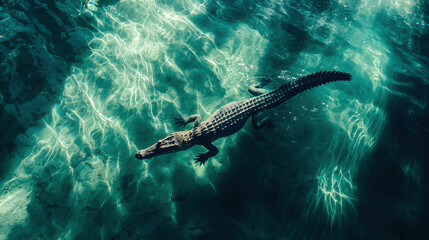 Fototapeta premium Crocodile Gliding Just Below the Surface of Clear Aquatic Environment