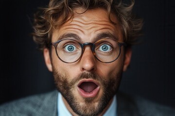 Surprised man expresses shock in close-up with vibrant blue eyes and tousled hair