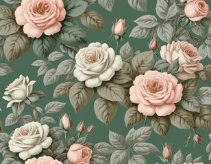 Elegant Vintage Roses Seamless Pattern: Romantic Floral Textile Design with Soft Pastel Hues and Lush Greenery