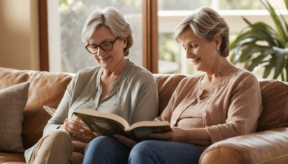 Two Senior Women Enjoying a Relaxing Afternoon Reading Together on a Comfortable Leather Sofa