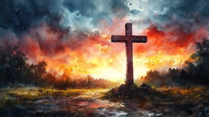 A watercolor painting depicts a cross against a stormy, dark sky