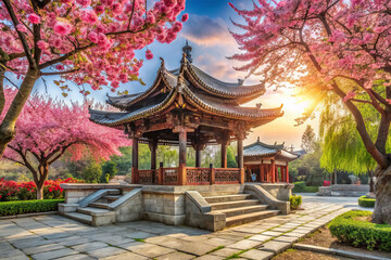 Naklejka premium serene garden pavilion surrounded by cherry blossoms at sunset