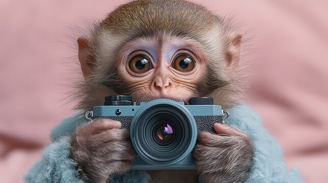 [Monkey taking selfi] Monkey's Selfie Moment Adorable Primate Takes Camera Selfie on Pink Bed