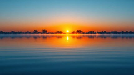 Fototapeta premium Serene sunrise over calm lake with orange and blue hues reflecting on the water