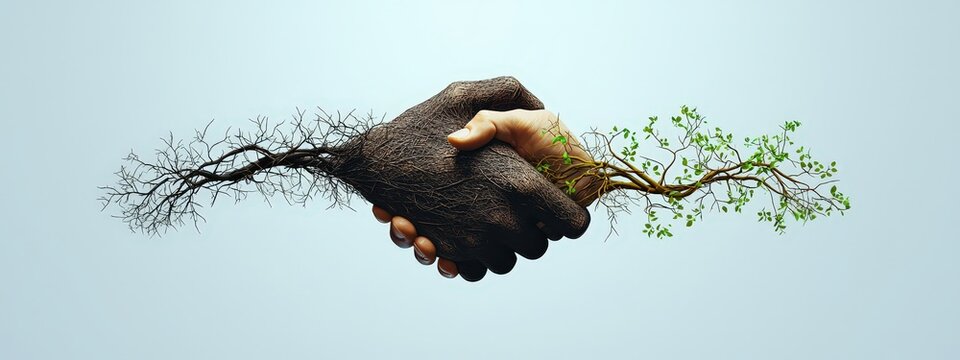A symbolic handshake made of intertwined branches, symbolizing equality in nature.