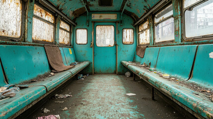 Abandoned subway car interior with dirty, neglected seats and worn surfaces