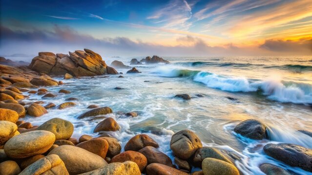 Serene ocean waves gently lapping against a rocky shoreline as morning fog rolls in, creating a mystical atmosphere