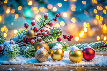 festive still life with snow dusted branches and colorful ornaments