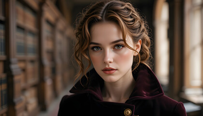 Fototapeta premium Portrait of a young woman with curly auburn hair in a burgundy velvet coat.