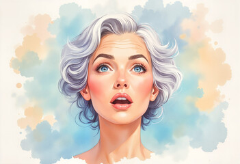 Stunning portrait of a surprised woman with gray hair against a colorful soft background