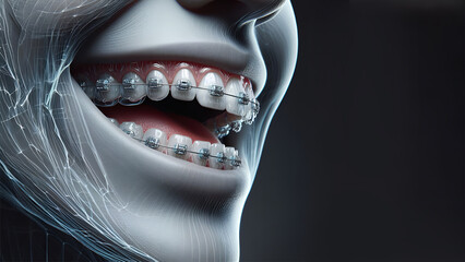 a 3D rendering of a woman's face with a wide, bright smile that reveals a set of white braces