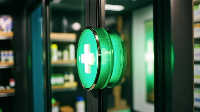 Green pharmacy cross sign illuminating a drugstore interior