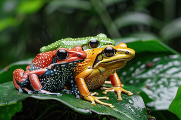 Fototapeta premium A striking image of three tropical frogs with vivid red, yellow, and green patterns, sitting on a glossy rainforest leaf, surrounded by lush greenery in their natural habitat. 
