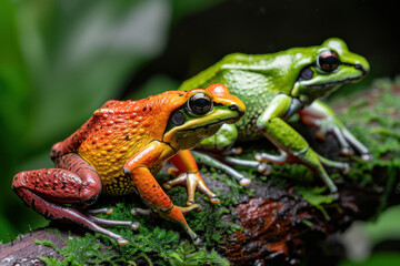 Obraz premium An up-close view of two vividly colored tropical frogs perched on a mossy branch, highlighting their textured skin and bright patterns in a natural setting. 