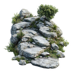 [3D digital landscape rendering with rocky outcrop and solitary tree on black background] Minimalist Rock Formation with Small Tree in Black Background