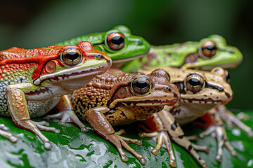 Fototapeta premium A vibrant close-up of a group of colorful tropical frogs perched on a glossy green leaf, showcasing intricate patterns, textures, and vivid hues in their natural habitat. 
