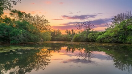 sunset moment over the lake. Copy space