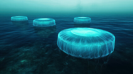 Fototapeta premium Massive Translucent Jellyfish Floating in Serene Ocean Archipelago Scene