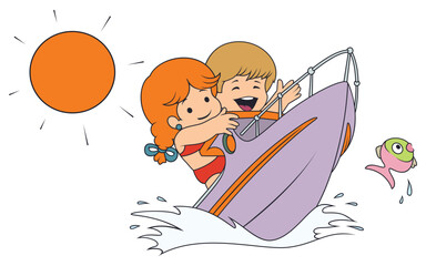 Children on boat. Funny people.