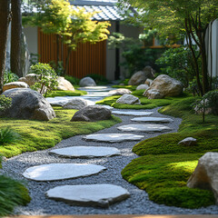 A tranquil zen garden with meticulously arranged rocks and moss