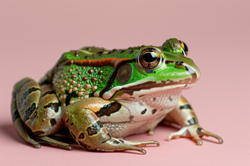 Naklejka premium A detailed close-up of a vibrant green frog with intricate skin textures and patterns, sitting against a soft pink background, emphasizing its vivid colors and unique features. 