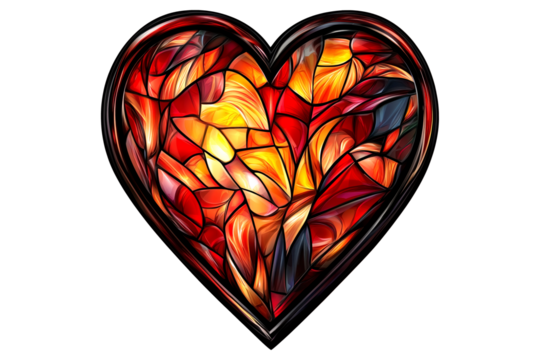 Intricate stained glass heart with red and pink tones, metal framing isolated on white transparent background, symbolizing love, passion, and art