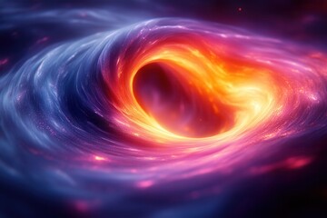 Cosmic vortex swirls with vibrant colors and energy from the center of a black hole in a galaxy