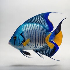 Naklejka premium A vibrant blue angelfish with flowing fins, gracefully swimming on a white background.