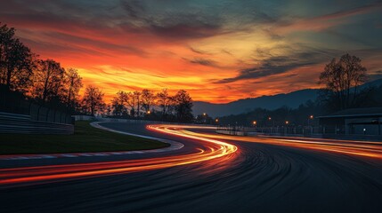 Dramatic sunset over a race track with light trails.