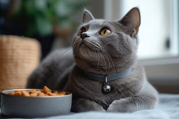 Gray cat gazes thoughtfully while resting near a bowl of pet food in a cozy indoor setting