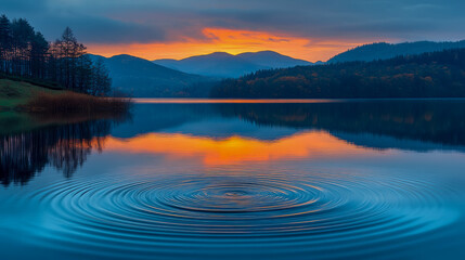 Fototapeta premium Serene Sunset Lake: Ripples on Calm Water Reflecting Mountain Range at Dusk