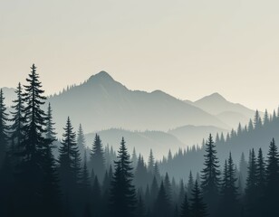 Fototapeta premium Misty Mountain Forest Landscape: Serene Sunrise over Evergreen Trees and Foggy Peaks