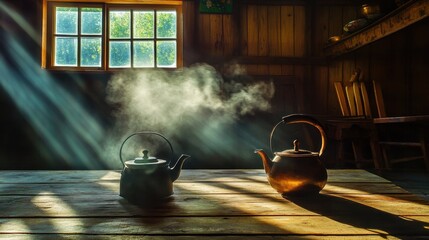 Serene Teapots in Sunlit Rustic Interior