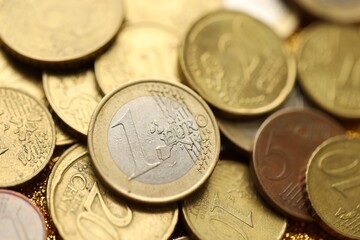 Pile of Euro coins. Various EURO coins for business money, financial cash, currency and economy concept