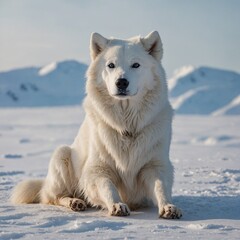 Obraz premium An Arctic dog stretching luxuriously, white background.