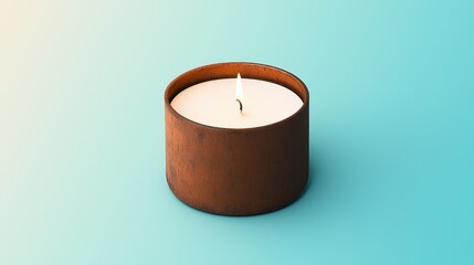 Elegant Round Candle in a Brown Holder on a Bright Background