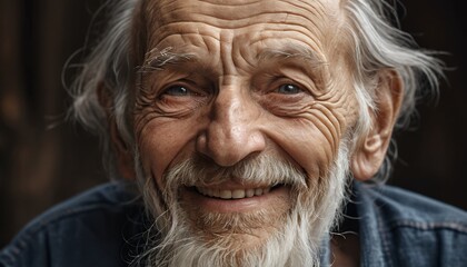 A Portrait of a Happy Elderly Man with a Long White Beard Smiling Joyfully Against a Dark Background
