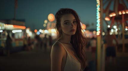 Mysterious girl stands alone at carnival, illuminated by colorfu