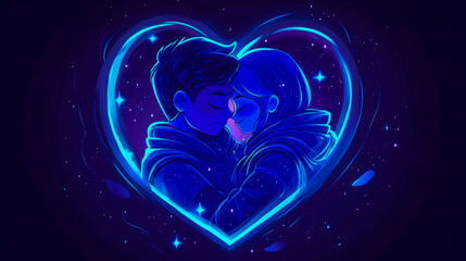 Fototapeta premium Cosmic Embrace: A Romantic Digital Illustration of a Couple in a Neon Heart