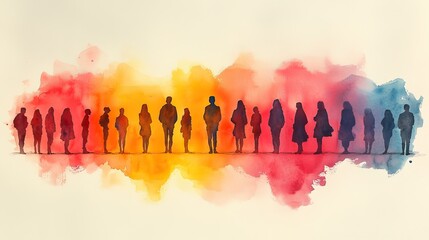 A watercolor silhouette shows a group of people standing together in a row, painted in colorful pastel shades