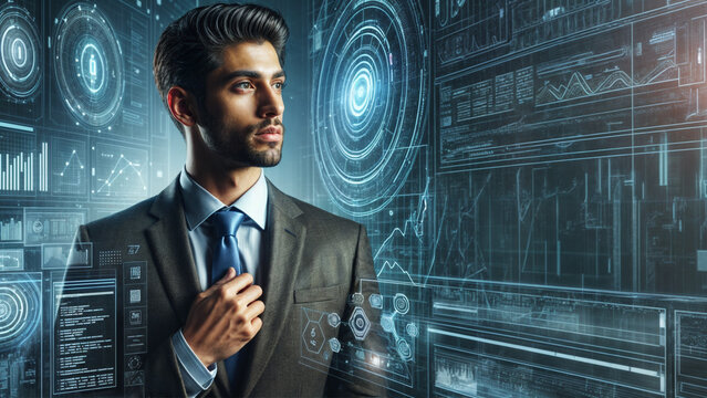 a digital rendering of a man in a suit and tie standing in front of futuristic holographic interfaces