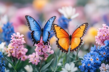 Obraz premium Colorful butterflies hovering over vibrant flowers in a garden during springtime