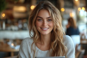 Obraz premium Young woman smiling in a cozy cafe while using a tablet, with warm lighting and rustic decor creating a welcoming atmosphere