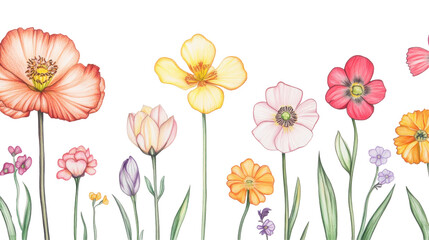 Colorful spring flowers on transparent background