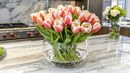 Obraz premium Elegant Red and White Tulips in Glass Bowl on Modern Kitchen Countertop
